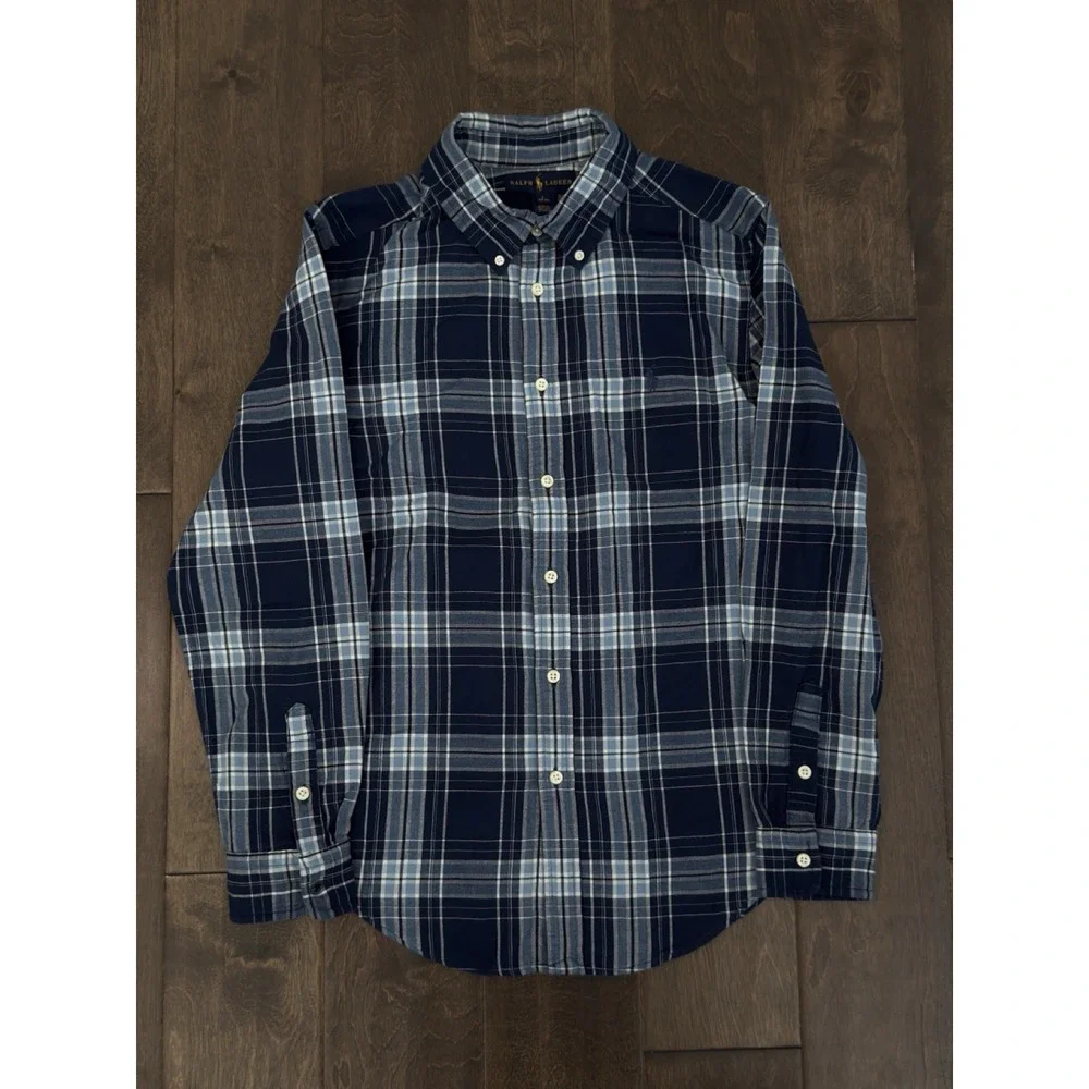Ralph Lauren Boy Size L (16/18) Blue Flannel Plaid Button Down Long Sleeve Shirt